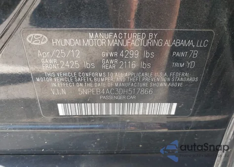 2013 Hyundai Sonata Gls z USA, uszkodzony, nr VIN 5NPEB4AC3DH517866